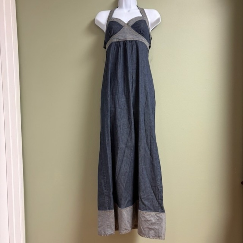 Y2K Blue Asphalt Denim Halter Maxi Dress Size S Western Boho Equesterian Cowgirl
